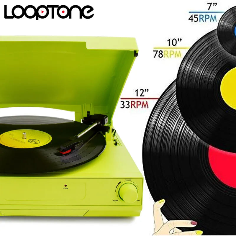 LoopTone 33/45/78 RPM Bluetooth Vinyl LP Record Player Turntable Built-in Speaker Headphone Jack&RCA Line-out AC110~130&220~240V