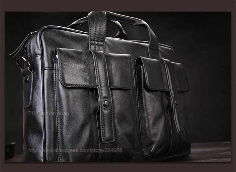 Luxury Men Genuine Leather Briefcase Business bag Leather Laptop Bag 15.6"inch Office Bag Briefcase male portfolio men Black