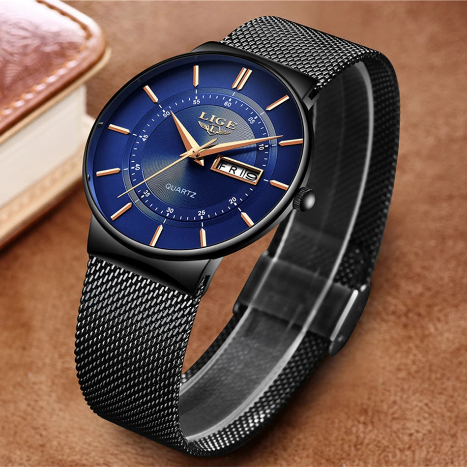 LIGE Mens Watches Top Brand Luxury Waterproof Ultra Thin Date Clock Male Steel Strap Casual Quartz Watch Men Sports Wrist Watch