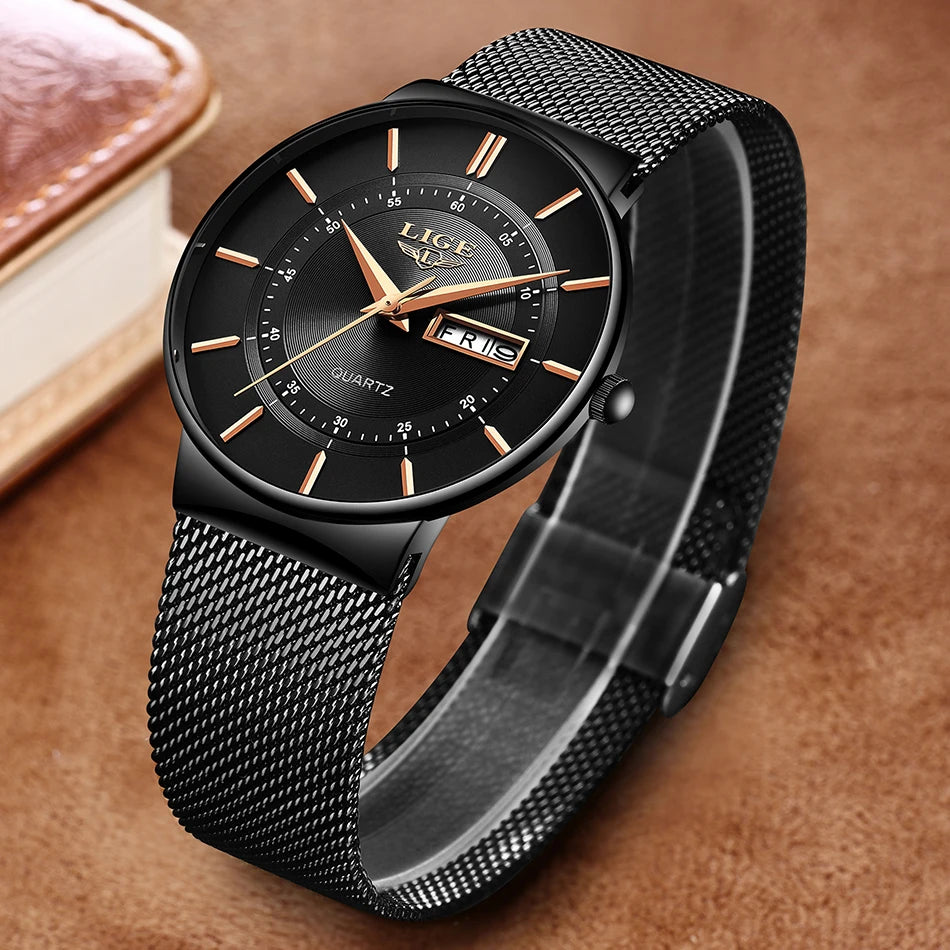 LIGE Mens Watches Top Brand Luxury Waterproof Ultra Thin Date Clock Male Steel Strap Casual Quartz Watch Men Sports Wrist Watch