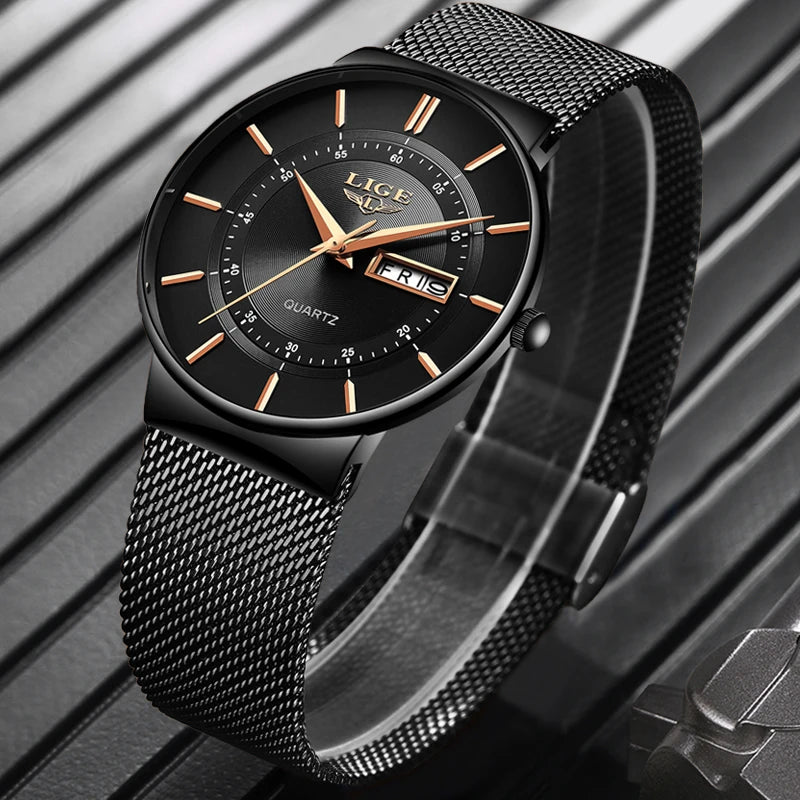 LIGE Mens Watches Top Brand Luxury Waterproof Ultra Thin Date Clock Male Steel Strap Casual Quartz Watch Men Sports Wrist Watch