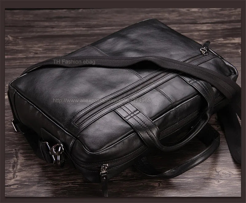 Luxury Men Genuine Leather Briefcase Business bag Leather Laptop Bag 15.6"inch Office Bag Briefcase male portfolio men Black