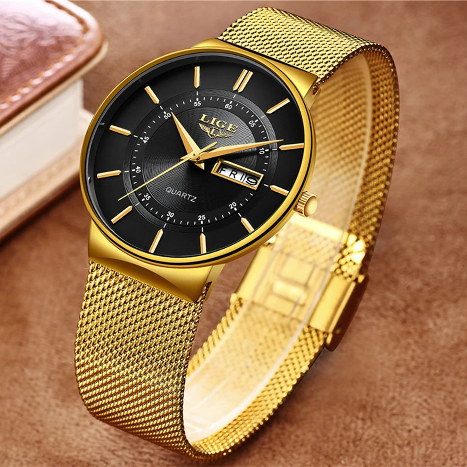 LIGE Mens Watches Top Brand Luxury Waterproof Ultra Thin Date Clock Male Steel Strap Casual Quartz Watch Men Sports Wrist Watch