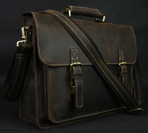 Vintage Crazy Horse Genuine Leather Men Briefcase 15" Laptop Bag Work Business Bag Shoulder Messenger Bag Male Tote Handbag