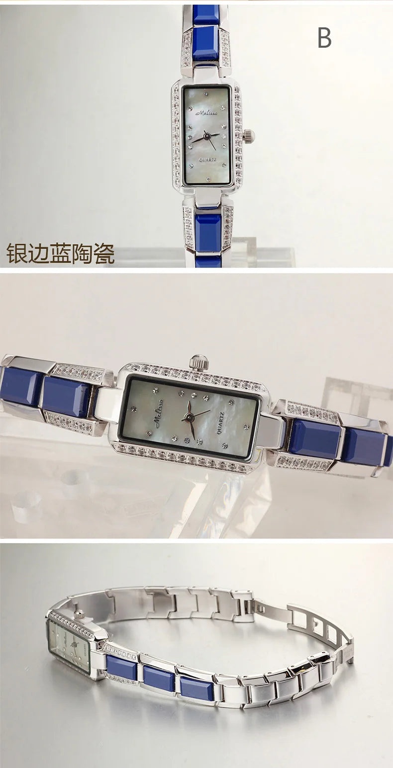 SALE!!! Discount Melissa Crystal Rhinestones Lady Women's Watch Japan Mov't Fashion Hours Ceramic Bracelet Girl's Gift Box