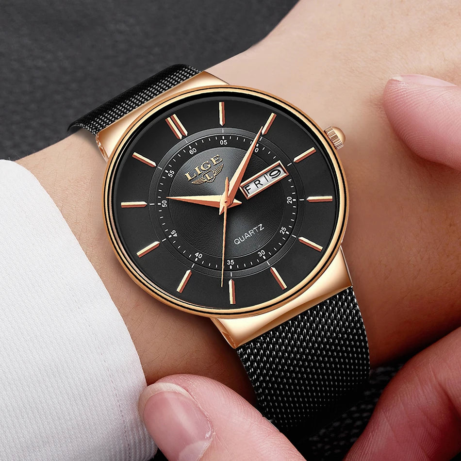 LIGE Mens Watches Top Brand Luxury Waterproof Ultra Thin Date Clock Male Steel Strap Casual Quartz Watch Men Sports Wrist Watch