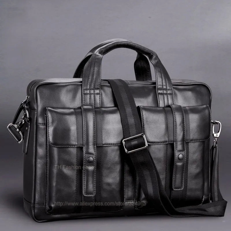 Luxury Men Genuine Leather Briefcase Business bag Leather Laptop Bag 15.6"inch Office Bag Briefcase male portfolio men Black