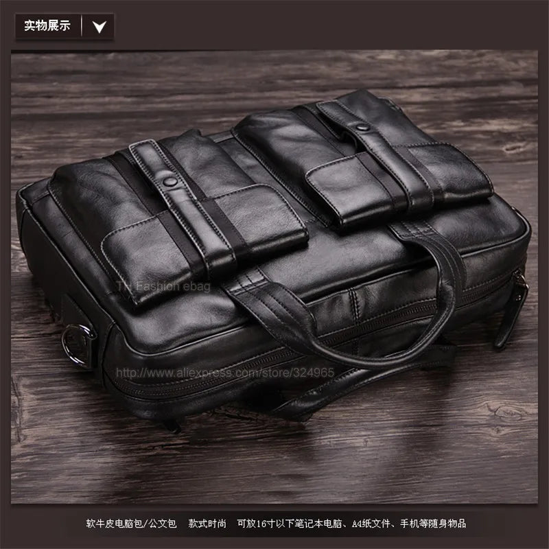 Luxury Men Genuine Leather Briefcase Business bag Leather Laptop Bag 15.6"inch Office Bag Briefcase male portfolio men Black