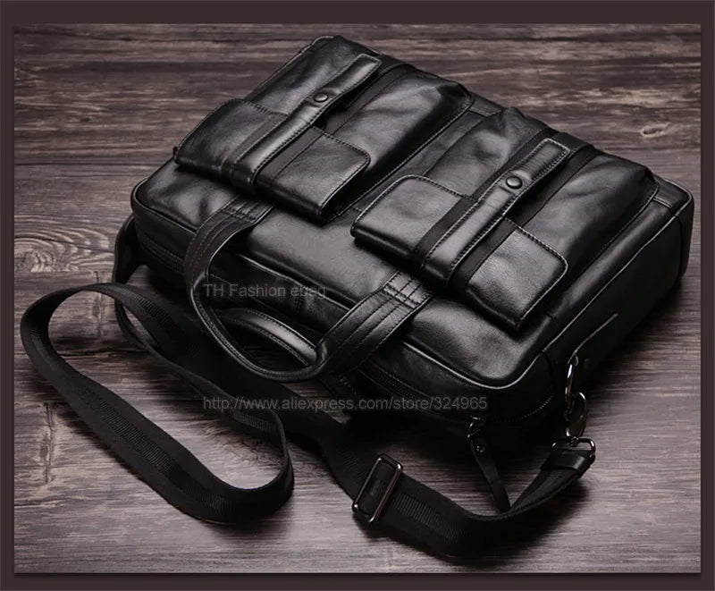 Luxury Men Genuine Leather Briefcase Business bag Leather Laptop Bag 15.6"inch Office Bag Briefcase male portfolio men Black