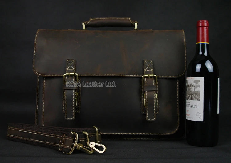 Vintage Crazy Horse Genuine Leather Men Briefcase 15" Laptop Bag Work Business Bag Shoulder Messenger Bag Male Tote Handbag