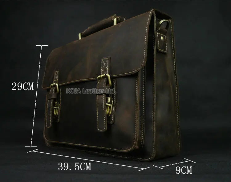 Vintage Crazy Horse Genuine Leather Men Briefcase 15" Laptop Bag Work Business Bag Shoulder Messenger Bag Male Tote Handbag