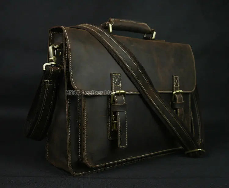 Vintage Crazy Horse Genuine Leather Men Briefcase 15" Laptop Bag Work Business Bag Shoulder Messenger Bag Male Tote Handbag