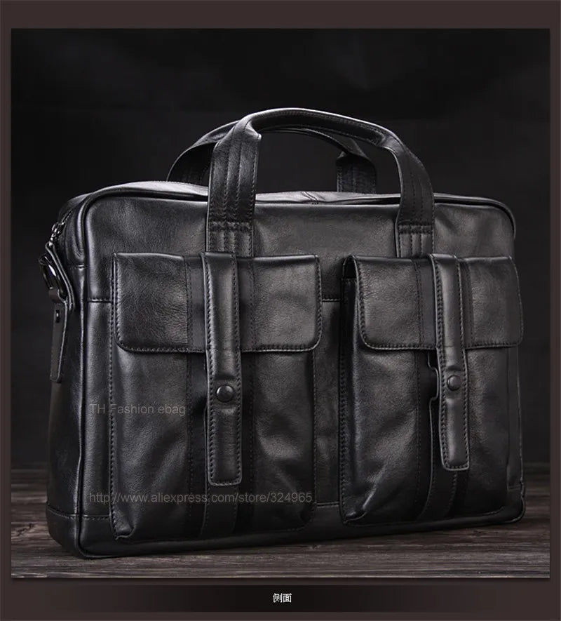 Luxury Men Genuine Leather Briefcase Business bag Leather Laptop Bag 15.6"inch Office Bag Briefcase male portfolio men Black