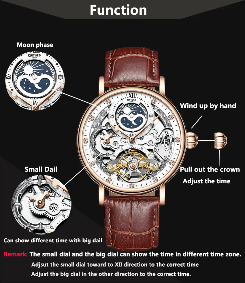 KINYUED Moon Phase Men's Automatic Mechanical Watch 3Bar Waterproof Dual Time Zone Display Casual Wristatches Man Clock Relogio