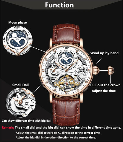 KINYUED Moon Phase Men's Automatic Mechanical Watch 3Bar Waterproof Dual Time Zone Display Casual Wristatches Man Clock Relogio