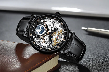 KINYUED Moon Phase Men's Automatic Mechanical Watch 3Bar Waterproof Dual Time Zone Display Casual Wristatches Man Clock Relogio
