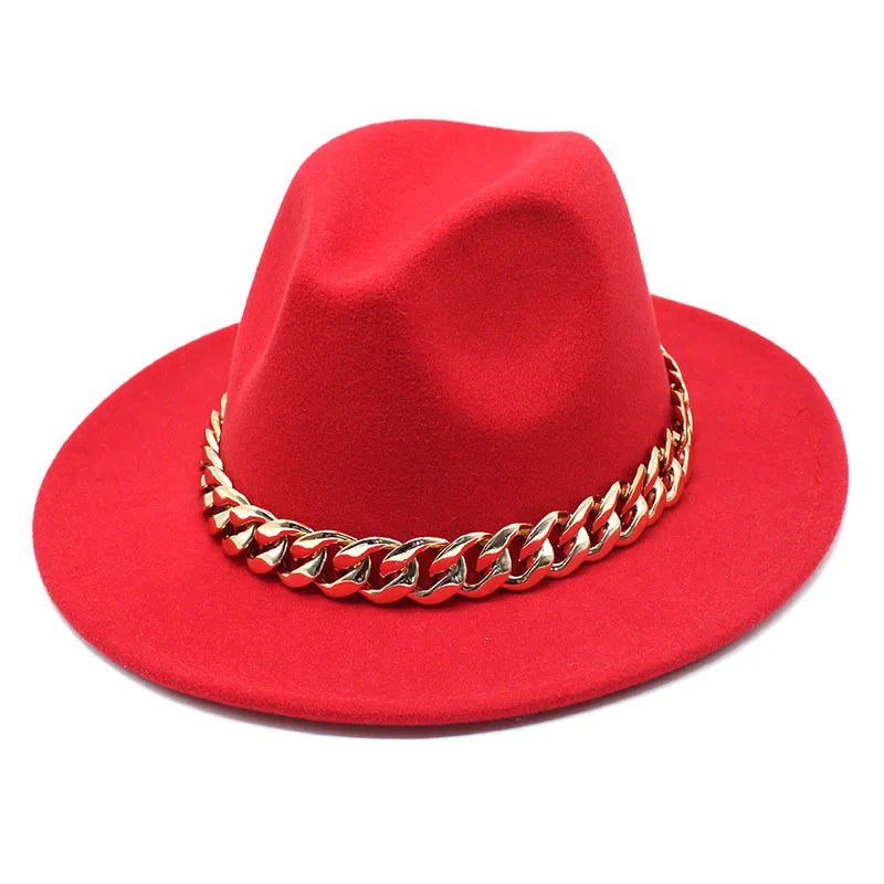 Jazz hat autumn and winter British style big chain women's fedora hat men's retro top hat woolen gentleman hat big brim hat