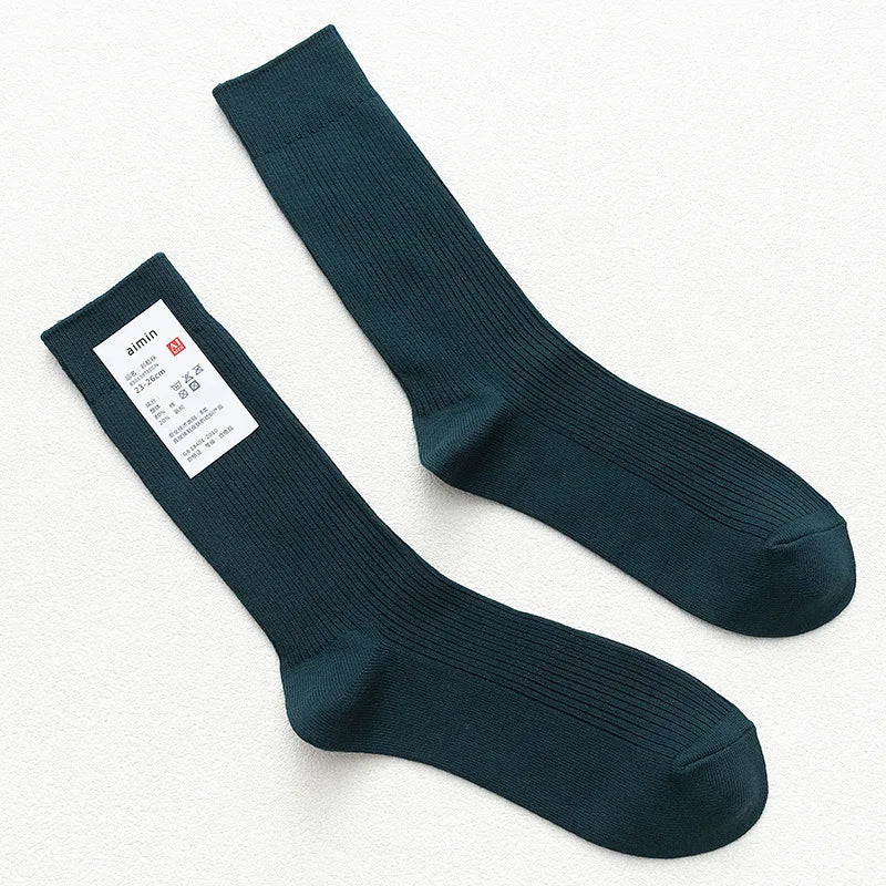 CHAOZHU Japanese Double Needles Cotton Knitting Rib Thin Business Cotton Long Men's Socks Stretch Casual Daily Basic Brand Socks