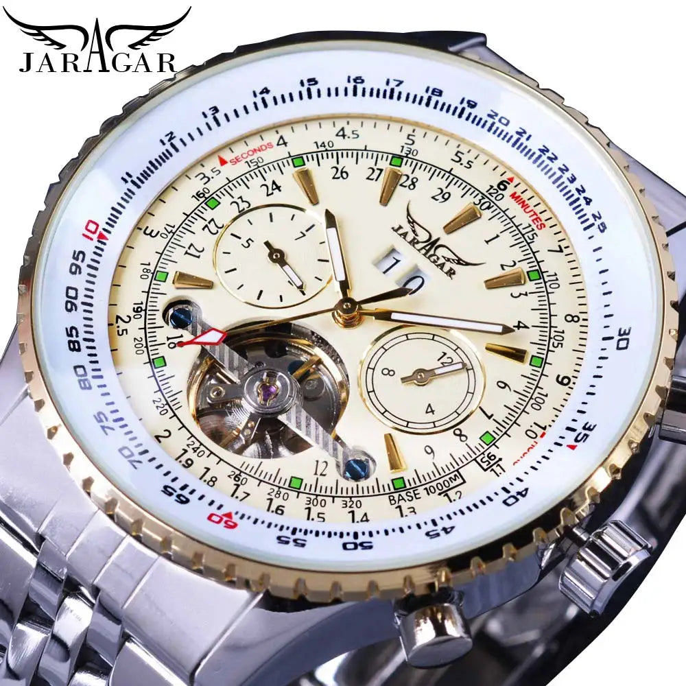 Jaragar Classic Tourbillon Men Mechanical Watch White Automatic Calendar Big Dial Stainless Steel Band Military Pilot Wristwatch