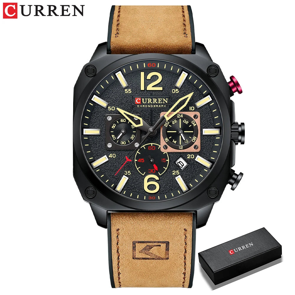 CURREN Brand Luxury Men Brown Quartz Wristwatches for Male Luminous Chronograph Dial Leather Clock Casual Sports Watch