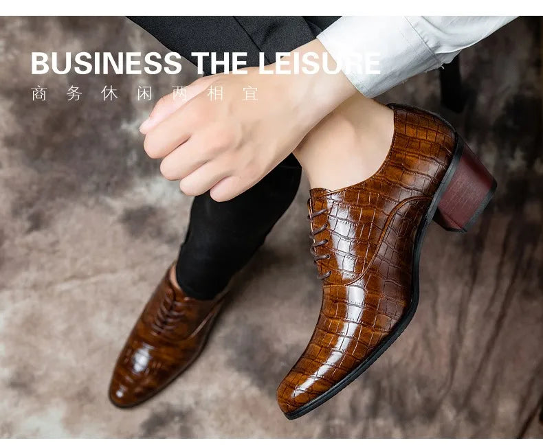 New Crocodile Increase Men's Heel Shoes Formal Leather Brown Men Loafers Dress Shoes Fashion Mens Casual Shoes Zapatos Hombre