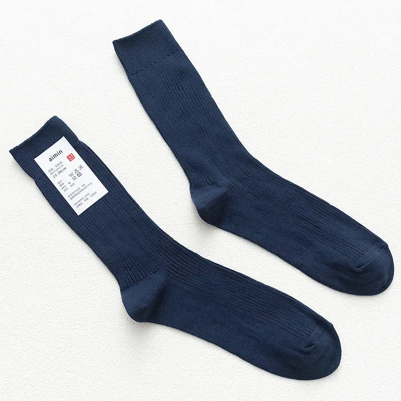 CHAOZHU Japanese Double Needles Cotton Knitting Rib Thin Business Cotton Long Men's Socks Stretch Casual Daily Basic Brand Socks