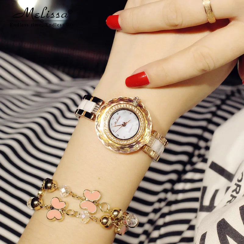 SALE!!! Discount Melissa Ceramic Crystal Rotating Rose Camellia Flower Women's Watch Fashion Luxury Girl Birthday Gift