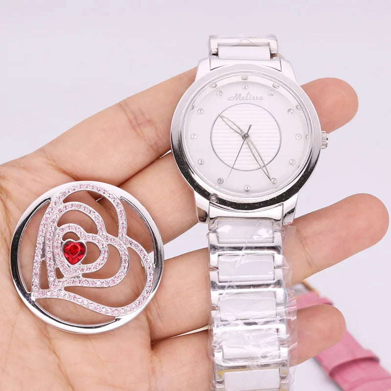 SALE!!! Discount Melissa Crystal Rhinestones Lady Women's Watch Japan Mov't Fashion Hours Ceramic Bracelet Girl's Gift Box