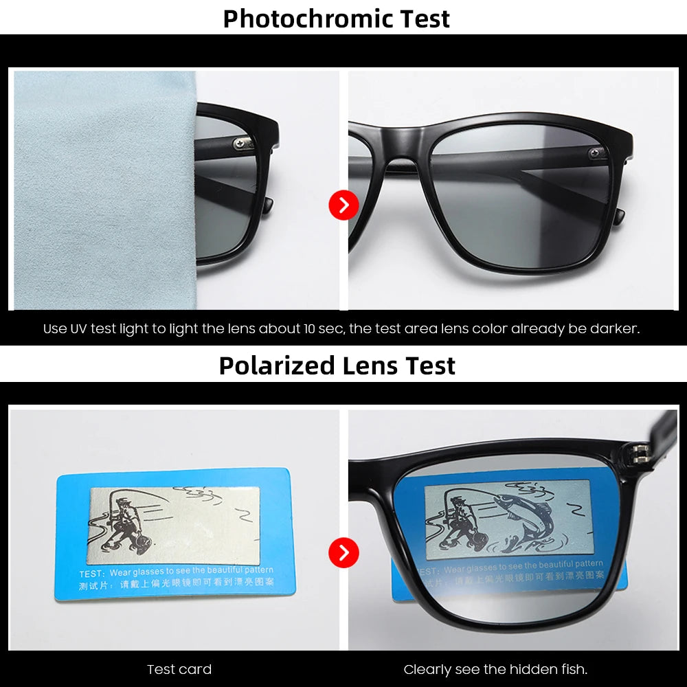 Color Change Grey Frame Photochromic Polarized Sunglasses Men Square Classic Chameleon Glaases Transition Lens Eyewear