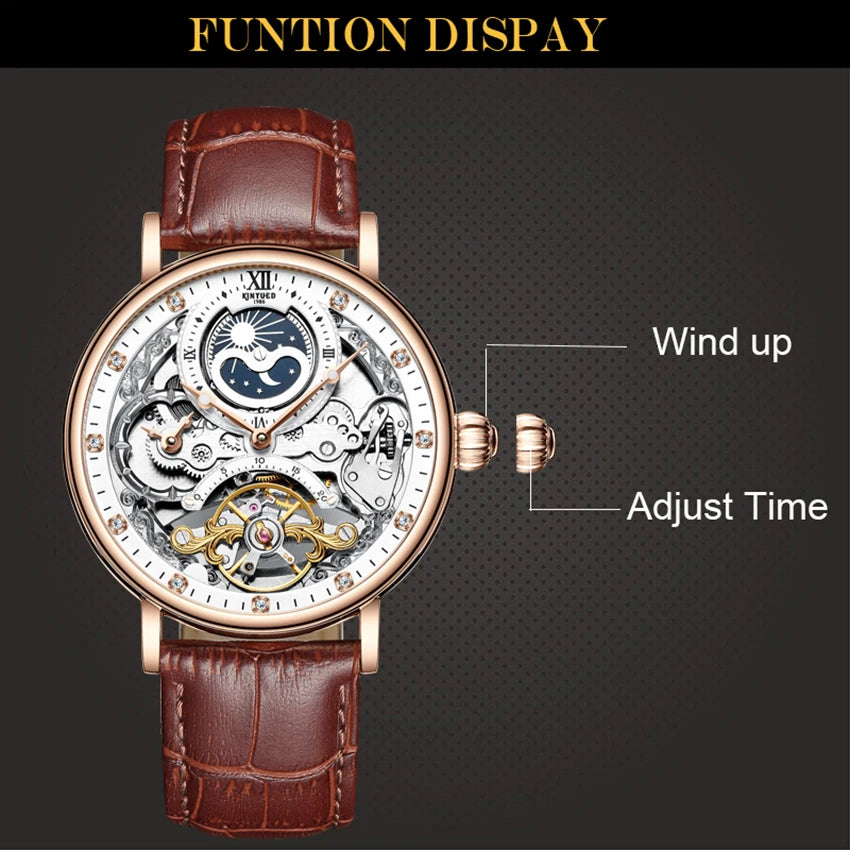 KINYUED Moon Phase Men's Automatic Mechanical Watch 3Bar Waterproof Dual Time Zone Display Casual Wristatches Man Clock Relogio