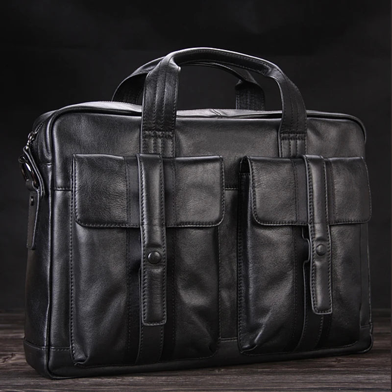 Luxury Men Genuine Leather Briefcase Business bag Leather Laptop Bag 15.6"inch Office Bag Briefcase male portfolio men Black