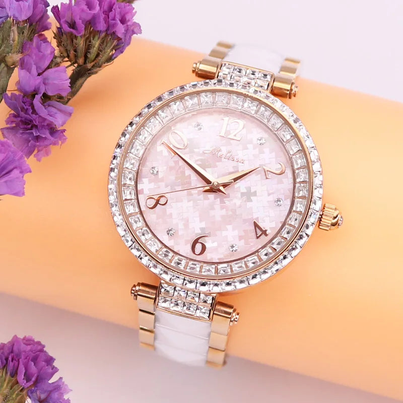 SALE!!! Discount Melissa Ceramic Crystal Rotating Rose Camellia Flower Women's Watch Fashion Luxury Girl Birthday Gift