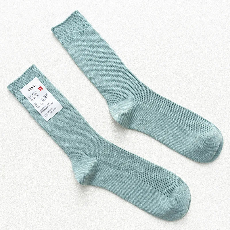 CHAOZHU Japanese Double Needles Cotton Knitting Rib Thin Business Cotton Long Men's Socks Stretch Casual Daily Basic Brand Socks