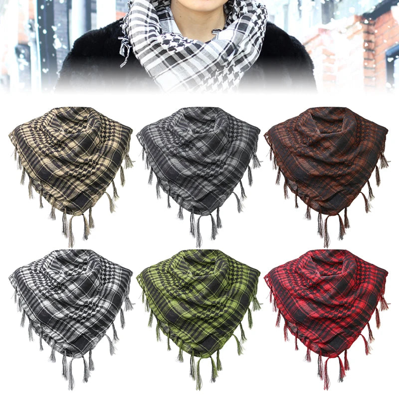 Winter Scarf Plaid Hijab Bandana Hiking Scarves Arab Tactical Elegant Womens Shawl Shemagh Light Tassel For Men 100X100cm