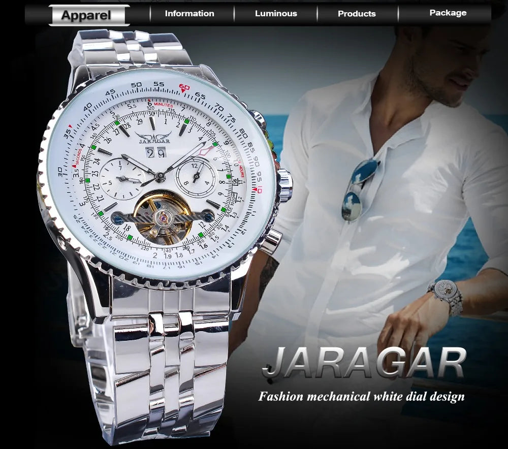 Jaragar Classic Tourbillon Men Mechanical Watch White Automatic Calendar Big Dial Stainless Steel Band Military Pilot Wristwatch