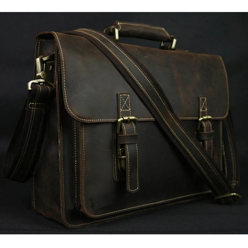 Vintage Crazy Horse Genuine Leather Men Briefcase 15" Laptop Bag Work Business Bag Shoulder Messenger Bag Male Tote Handbag