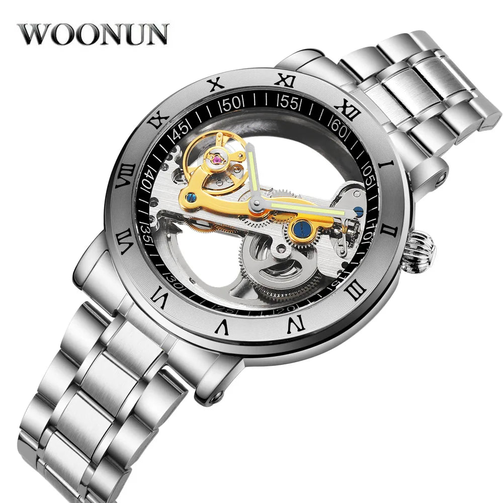 Top Mechanical Mens Watches Men Unique Transparent Hollow Automatic Self Wind Watches Stainless Steel Tourbillon Watches Stocks