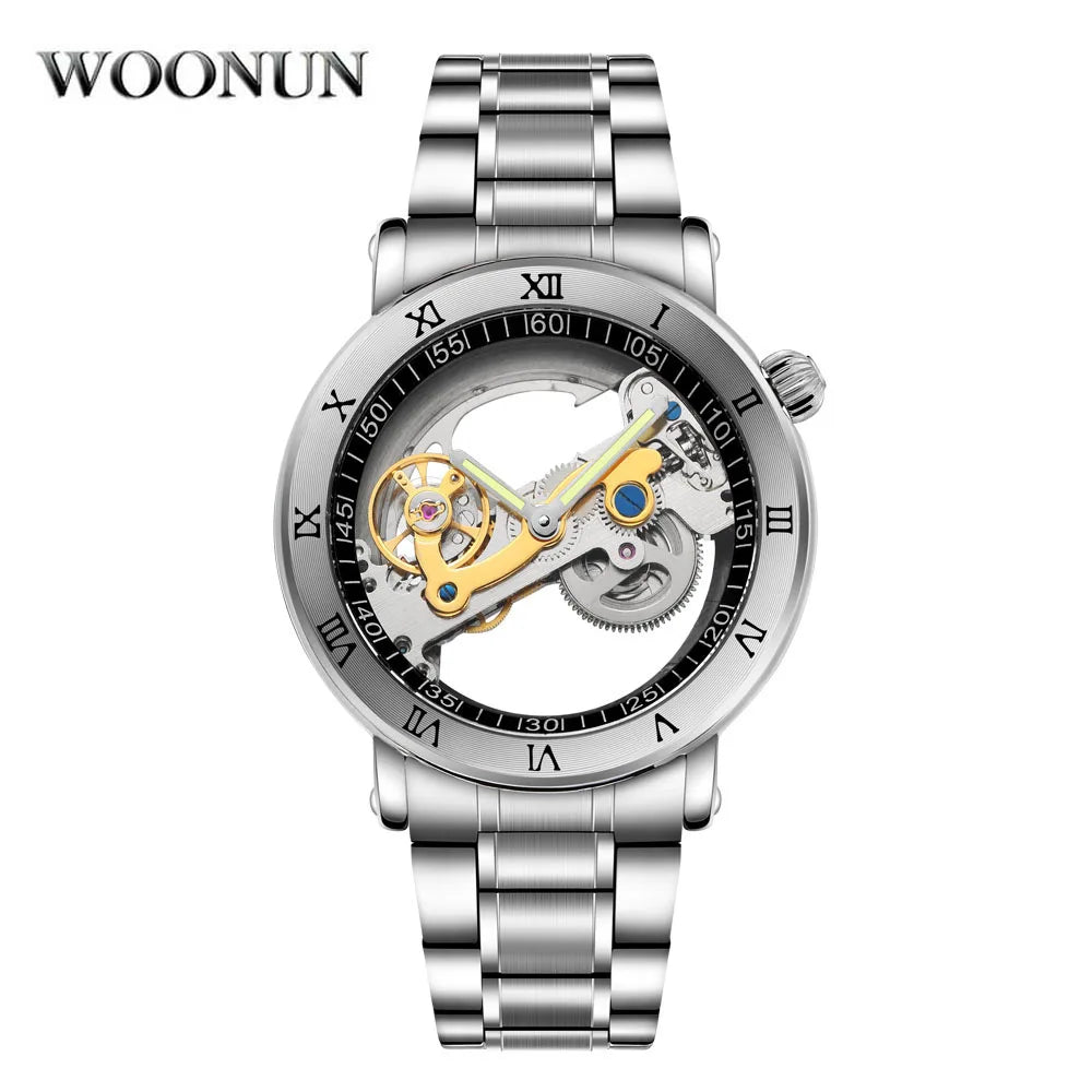 Top Mechanical Mens Watches Men Unique Transparent Hollow Automatic Self Wind Watches Stainless Steel Tourbillon Watches Stocks