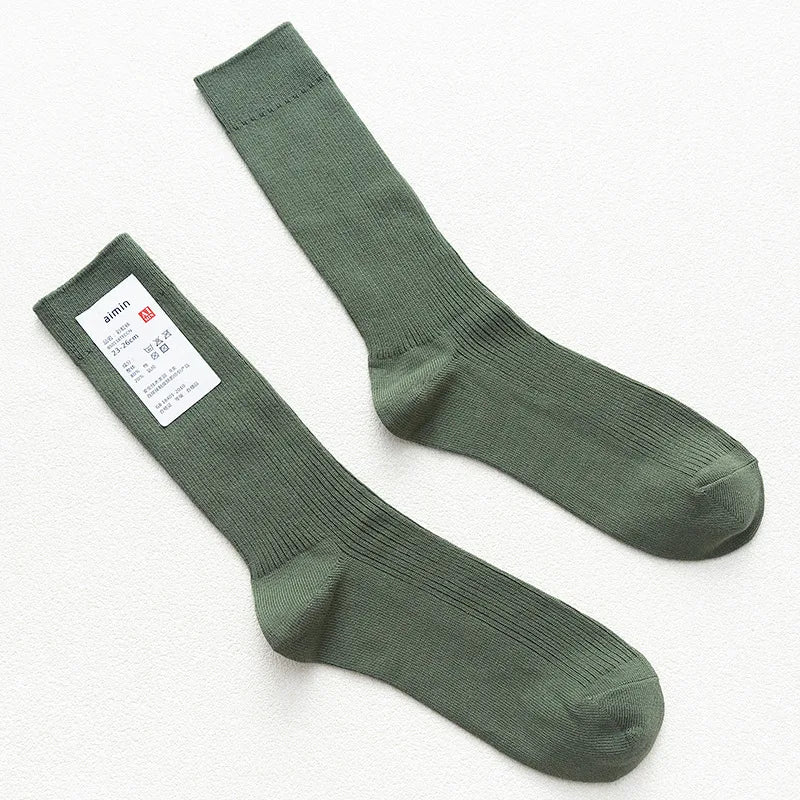 CHAOZHU Japanese Double Needles Cotton Knitting Rib Thin Business Cotton Long Men's Socks Stretch Casual Daily Basic Brand Socks