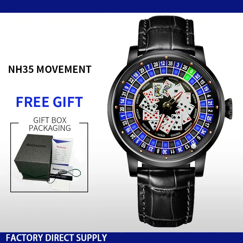 Richard New Mechanical Watch NH36 Sapphire Glass Rotating Dial Las Vegas Roulette Desktop Theme Automatic Watch Men Texas Holdem