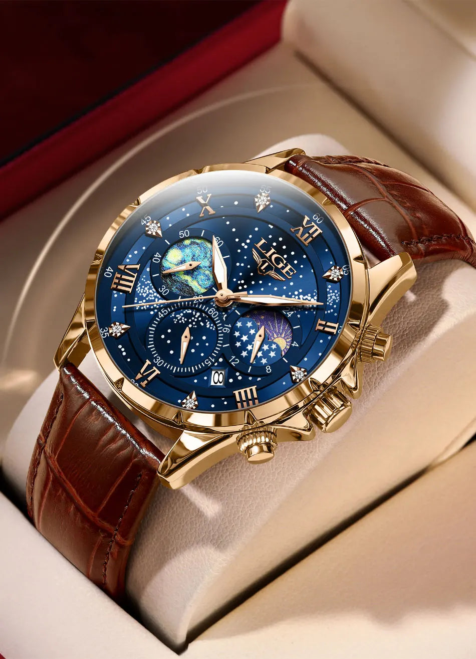 LIGE Mens Watch Luxury Waterproof Male Clock Moon Phase Date Casual Blue Leather Quartz Wrist Watch Men Chronograph Montre Homme