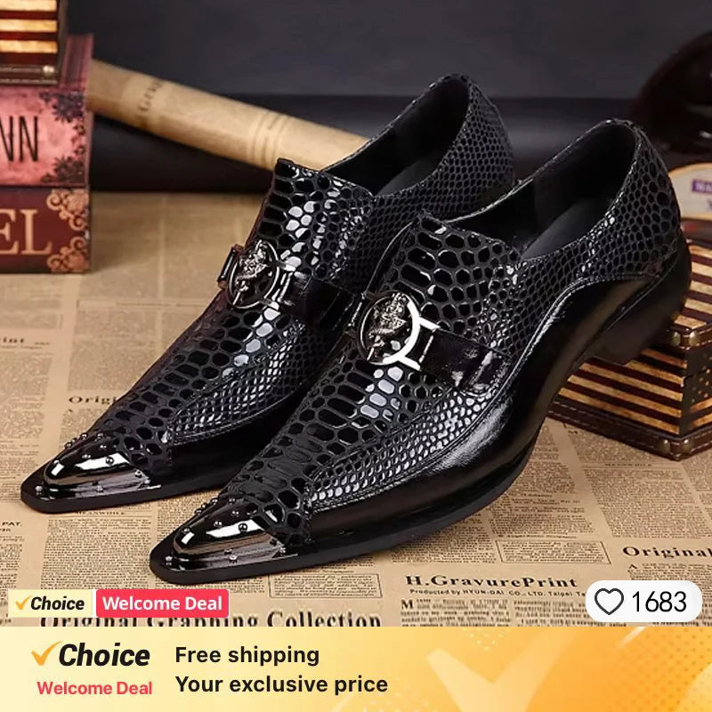 Italian men's flat top loafers, black men's dresses, casual shoes, checkered printed wedding high heels, leather shoes for men