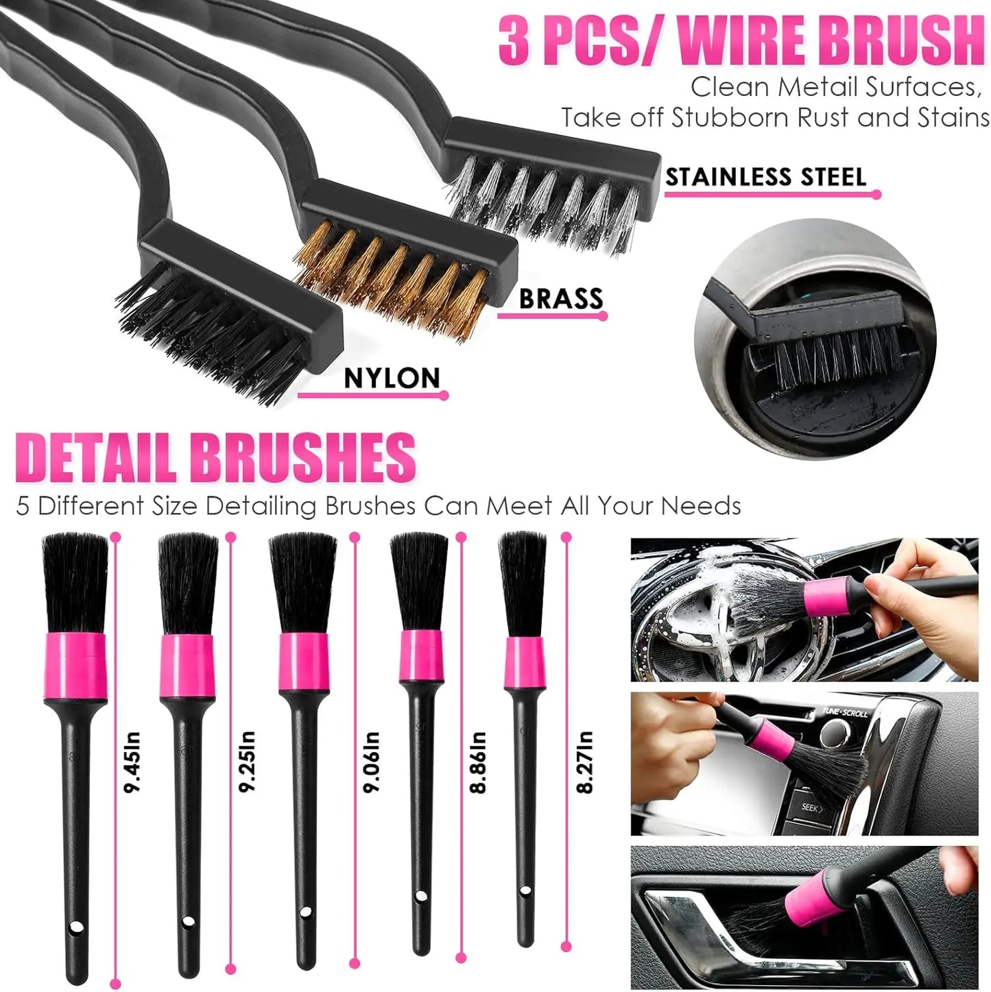 17pcs Car Cleaning Kit, Pink Car Interior Detailing Kit with High Power Handheld Vacuum, Detailing Brush Set, Windshield Cleaner