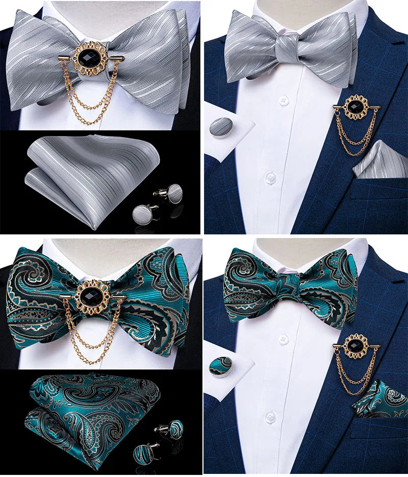 Luxury Gold Black Paisley Self Tie Men's Bow Tie Silk Woven Wedding Party Butterfly Ties Hanky Brooch Pin Set Tuxedo Bow DiBanGu