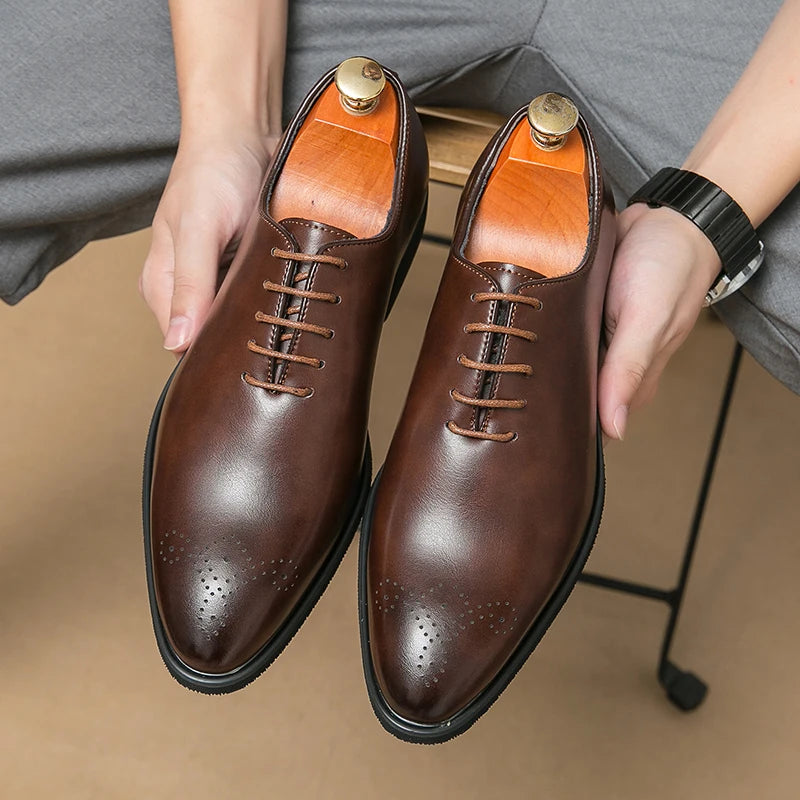 British Style Men's Party Dress Shoes Brown Simple High-end Leather Casual Shoes Pointed Low Cut Men's Loafers Lace Up Style