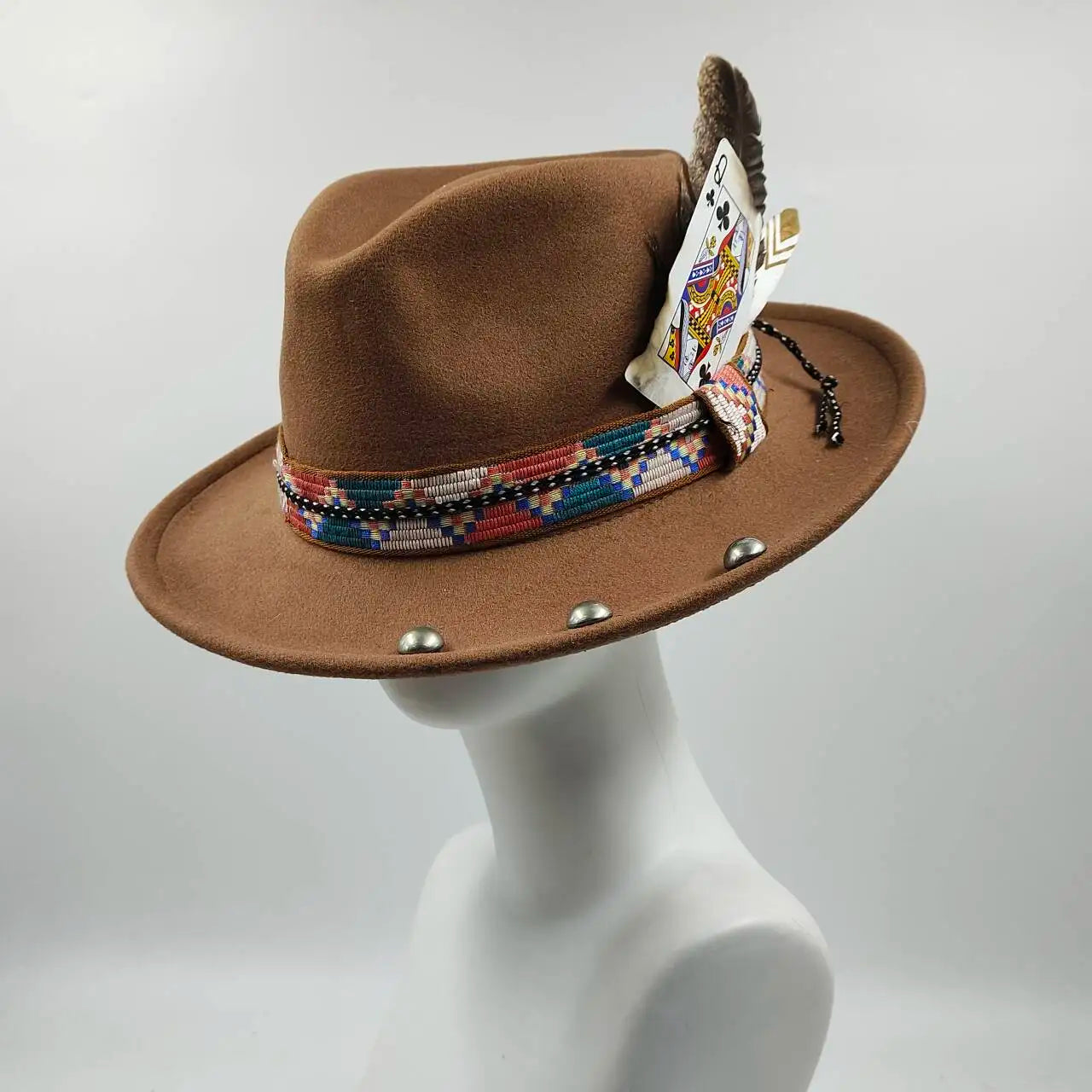 Feather Fedoras Hat for Men Women Black Felt Wide Brim Jazz Cap Gentleman Caps Plum Blossom 8 Playing Card Design Fedora Hat