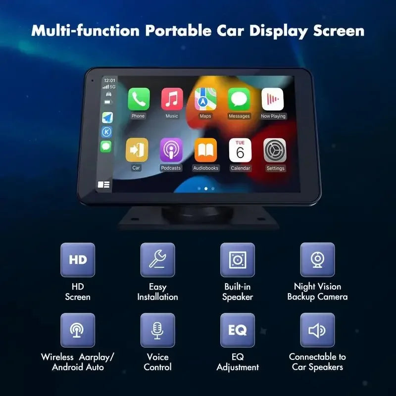 【Hieha】2024 Newest Portable Carplay Screen for Car, 7 Inch IPS Touchscreen Car Stereo Support Wireless Carplay