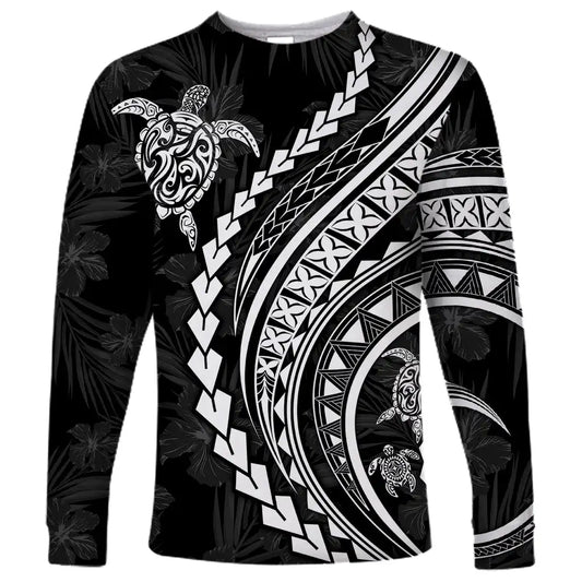 2024 new men's Polynesian long-sleeved T-shirt 3D printed turtle hibiscus luxury print men's autumn tops casual round neck