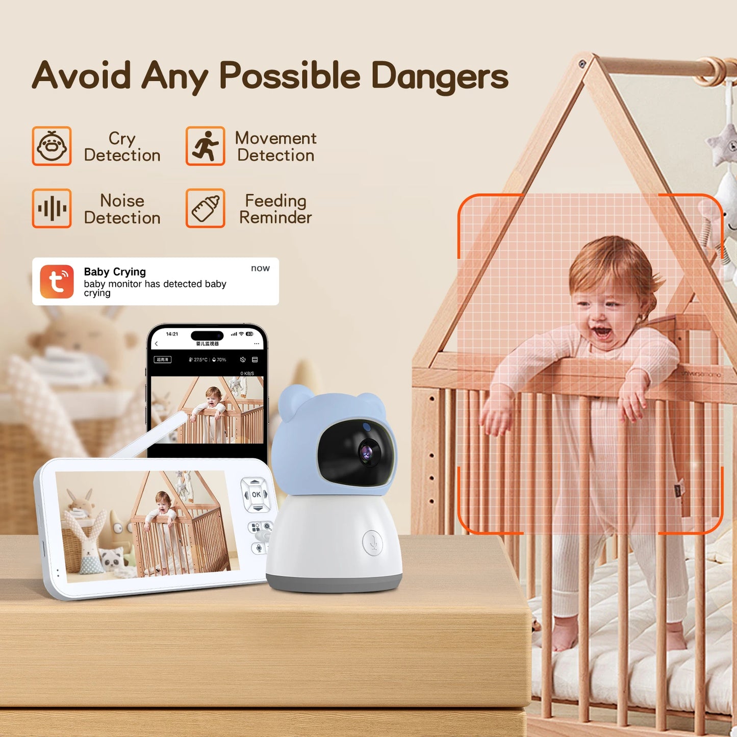 Baby Monitor Camera IR Night Vision Motion Detection Breastfeeding Reminder 5-inch Wifi Baby Monitor with Tuya Smart App