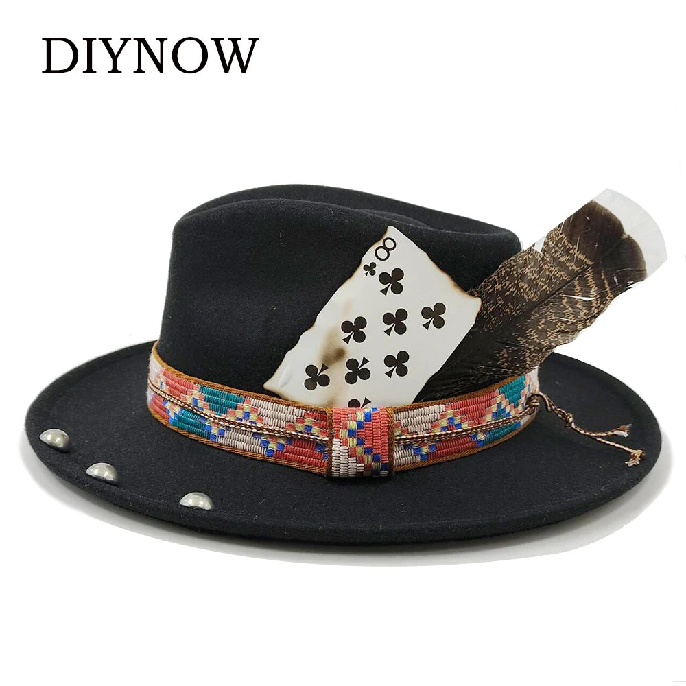 Feather Fedoras Hat for Men Women Black Felt Wide Brim Jazz Cap Gentleman Caps Plum Blossom 8 Playing Card Design Fedora Hat